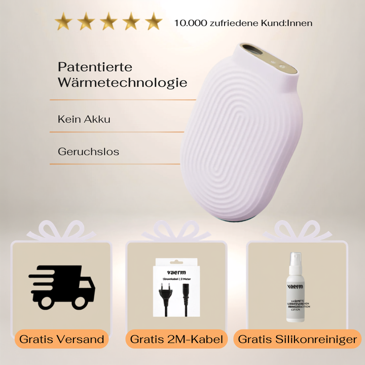 Vaerm - die erste elektrische Wärmflasche, die sich wie eine echte anfühlt. Kaufen Sie dieses Produkt für ein Leben lang - hergestellt nach deutscher Ingenieurskunst. Auf Sicherheit geprüft und CE-zertifiziert