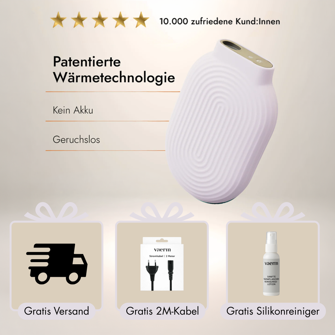 Vaerm - die erste elektrische Wärmflasche, die sich wie eine echte anfühlt. Kaufen Sie dieses Produkt für ein Leben lang - hergestellt nach deutscher Ingenieurskunst. Auf Sicherheit geprüft und CE-zertifiziert